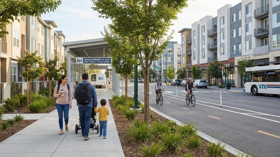 Top 10 Thành Phố Đáng Sống Nhất Bay Area Cho Gia Đình Việt: Bảng Xếp Hạng & Tiềm Năng 2025-2026 Khu Berryessa San Jose gần trạm BART với khu dân cư tiện lợi và nhịp sống phù hợp gia đình cần đi làm thuận tiện