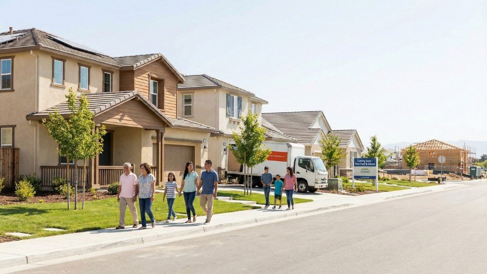 Top 10 Thành Phố Đáng Sống Nhất Bay Area Cho Gia Đình Việt: Bảng Xếp Hạng & Tiềm Năng 2025-2026 Cảnh Gilroy với khu dân cư mới và quỹ đất rộng thể hiện tiềm năng vùng đệm cho gia đình và đầu tư dài hạn