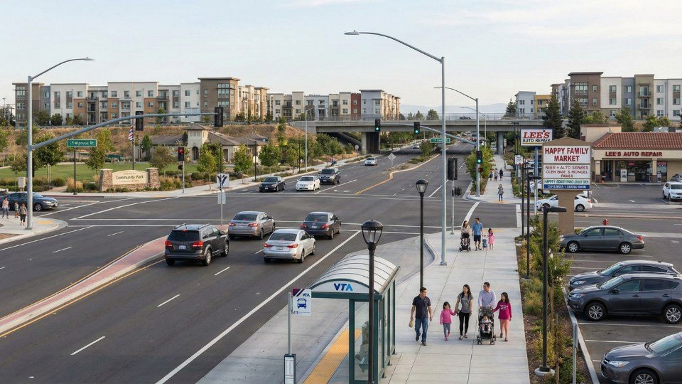 Top 10 Thành Phố Đáng Sống Nhất Bay Area Cho Gia Đình Việt: Bảng Xếp Hạng & Tiềm Năng 2025-2026 Cảnh Milpitas với khu dân cư hiện đại và hạ tầng giao thông thuận tiện thể hiện lợi thế kết nối trong Bay Area