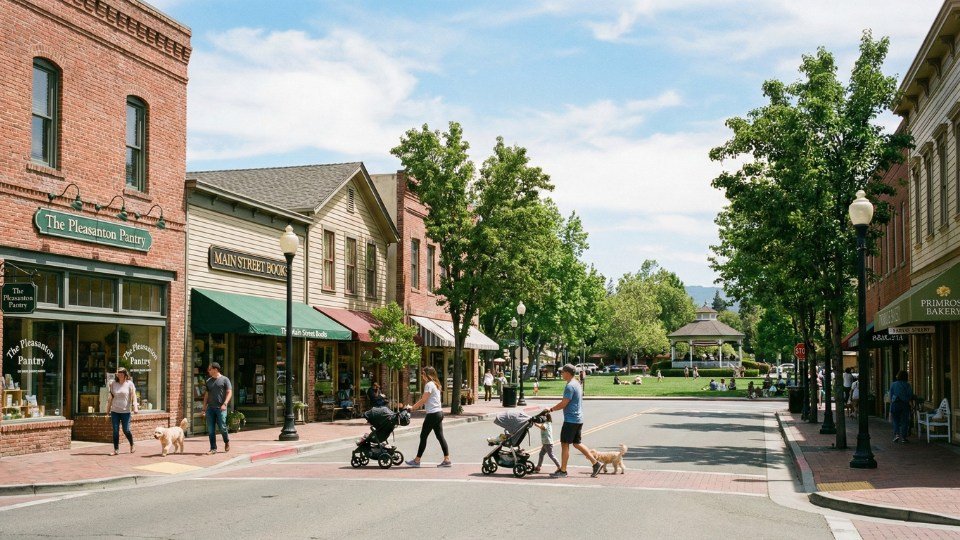 Top 10 Thành Phố Đáng Sống Nhất Bay Area Cho Gia Đình Việt: Bảng Xếp Hạng & Tiềm Năng 2025-2026 Không gian sống Pleasanton với khu downtown sạch đẹp, công viên xanh và các gia đình dạo chơi cuối tuần