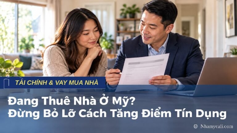 Người thuê nhà trao đổi hồ sơ tín dụng với chuyên viên vay mua nhà tại Mỹ.