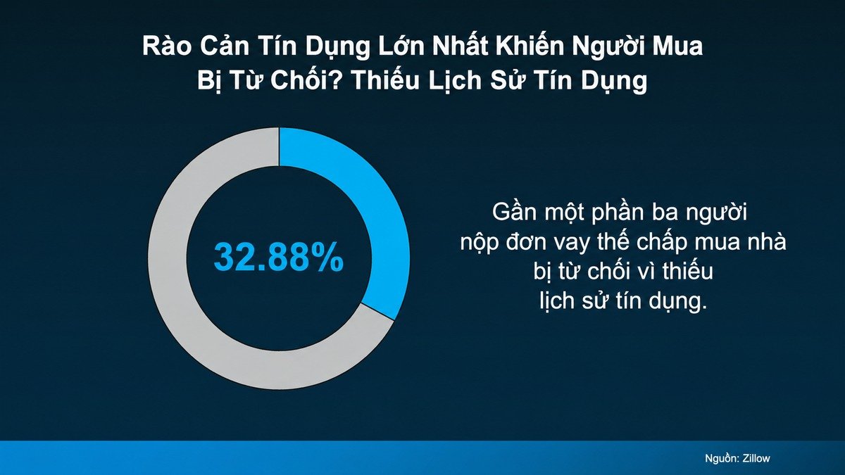 Đang Thuê Nhà Ở Mỹ? Đừng Bỏ Lỡ Cách Tăng Điểm Tín Dụng Biểu đồ tròn Zillow bằng tiếng Việt thống kê lý do từ chối cho vay mua nhà phổ biến nhất với 32.88% do thiếu lịch sử tín dụng
