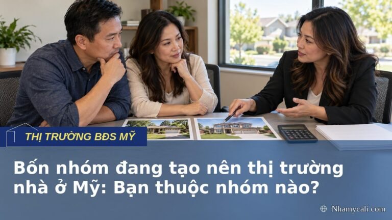 Cặp đôi trao đổi với chuyên viên về lựa chọn mua nhà trong bốn nhóm thị trường nhà ở Mỹ