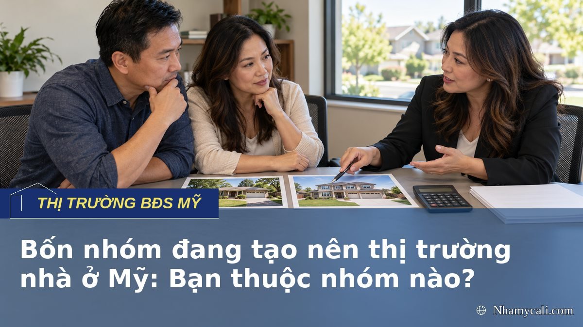Cặp đôi trao đổi với chuyên viên về lựa chọn mua nhà trong bốn nhóm thị trường nhà ở Mỹ