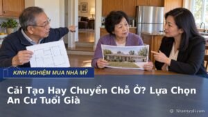 Vợ chồng lớn tuổi trao đổi với môi giới về cải tạo nhà hoặc chuyển đến cộng đồng 55+ ở Mỹ để an cư tuổi già