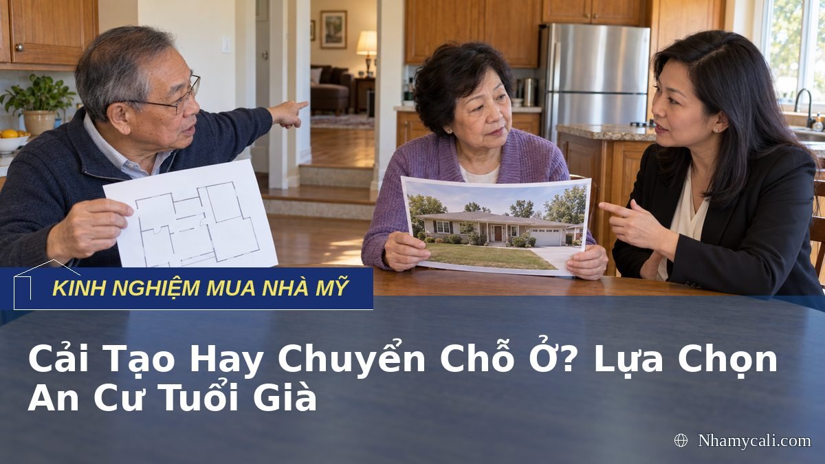 Vợ chồng lớn tuổi trao đổi với môi giới về cải tạo nhà hoặc chuyển đến cộng đồng 55+ ở Mỹ để an cư tuổi già