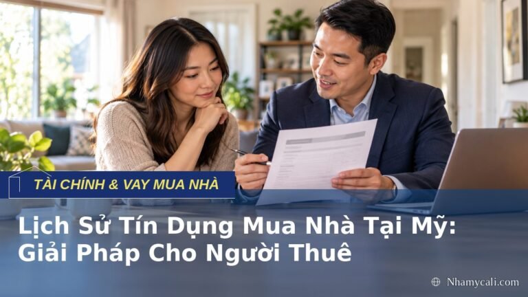 Người thuê nhà trao đổi hồ sơ tín dụng với chuyên viên vay mua nhà tại Mỹ.
