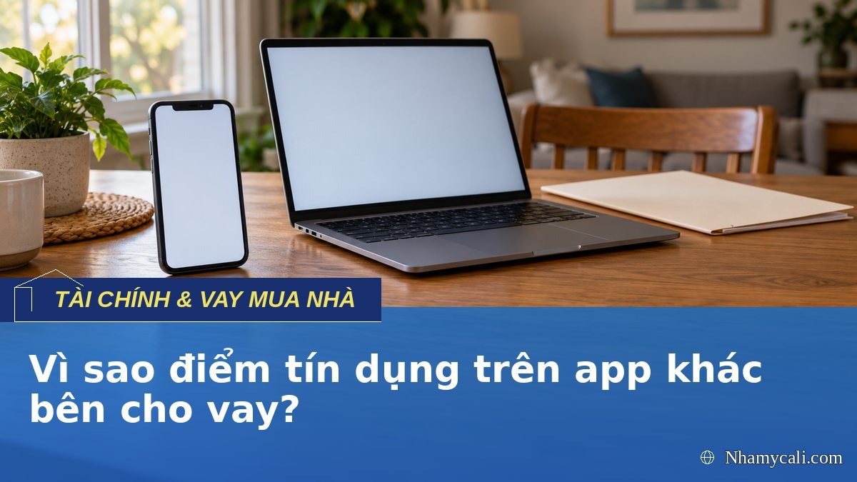 Điện thoại cạnh laptop minh họa việc đối chiếu mô hình chấm điểm tín dụng vay mua nhà giữa ứng dụng và bên cho vay.