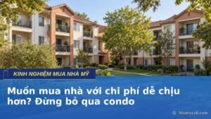 Khu condo thấp tầng tại Mỹ với ban công và sân chung, minh họa lựa chọn mua condo giá phải chăng.